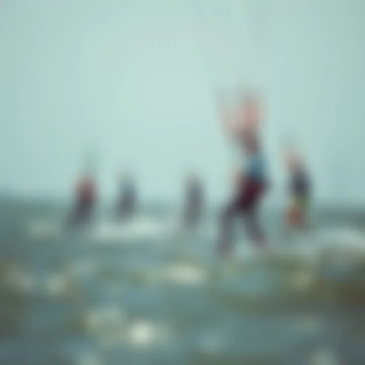 Diverse Skill Levels in Kiteboarding with Foil Boards Group of kiteboarders of varying skill levels using foil boards