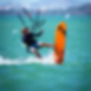 Kiteboarder in Action with Mystic Harness A kiteboarder using the Mystic Harness during a dynamic maneuver on water