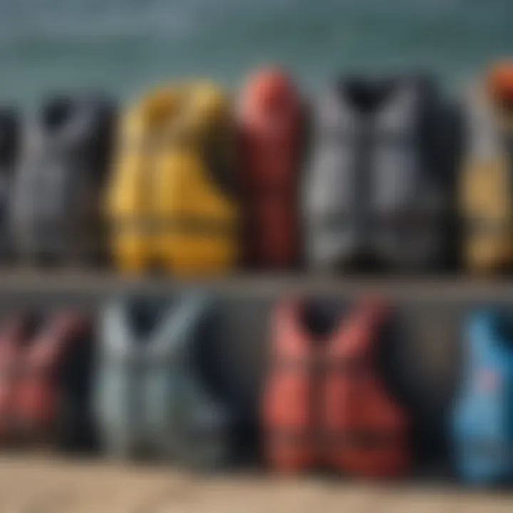 Different types of buoyancy vests displayed side by side