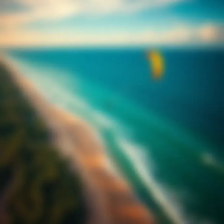 Aerial View of Kiteboarding Beach An aerial shot showcasing the vibrant kiteboarding scene at a popular Puerto Rico beach