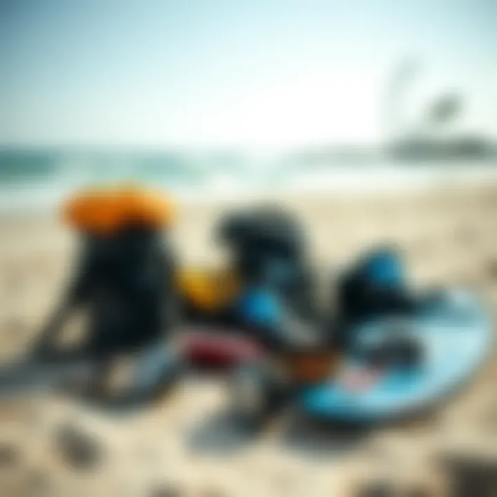 Kiteboarding Gear on the Beach Essential kiteboarding gear arranged on a sandy beach ready for action