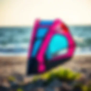 Vibrant Wing Foil Kit A vibrant wing foil kit displayed against a scenic beach backdrop