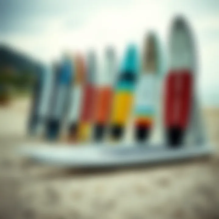 Different models of foil SUP boards lined up on a beach