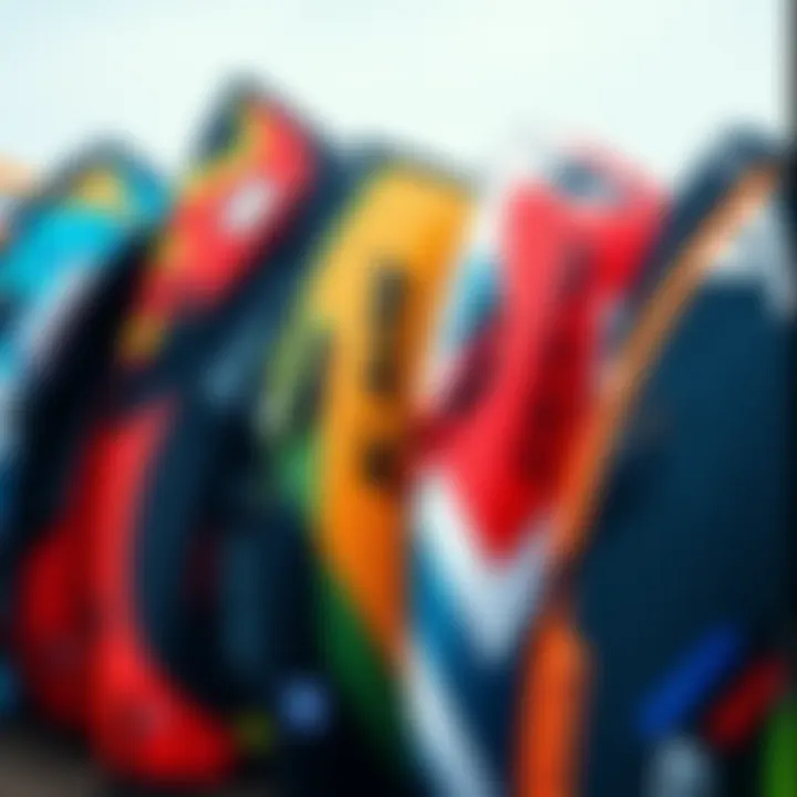 Diverse Selection of Used Kiteboarding Kites A collection of various used kiteboarding kites showcasing different brands