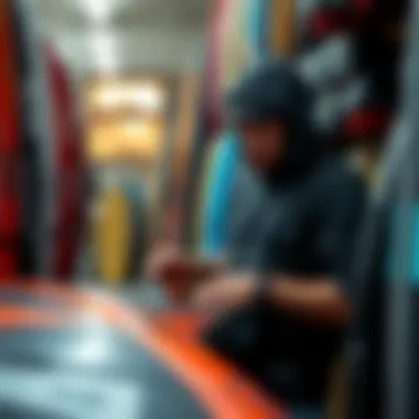 Shopping for Second-Hand Kiteboarding Kites Kiteboarding enthusiast examining a second-hand kite in a shop