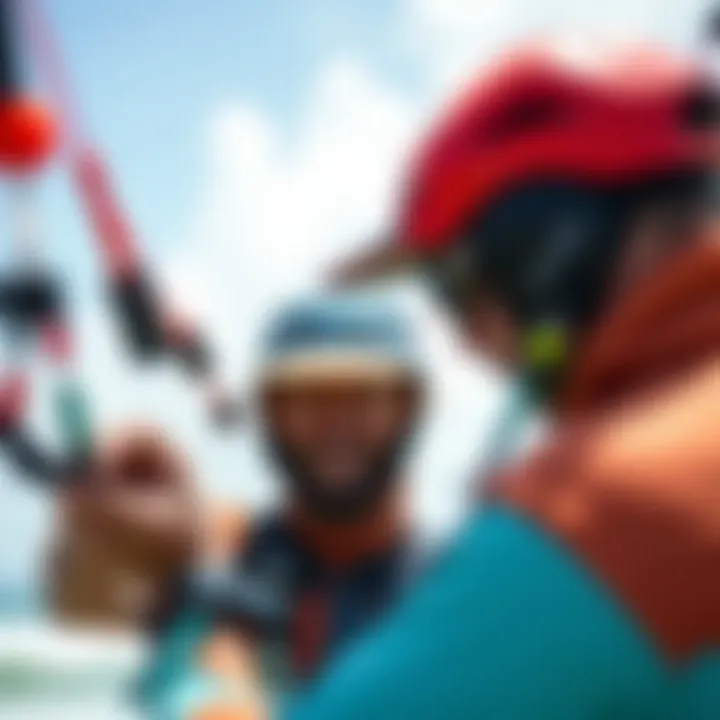 A kiteboarding enthusiast evaluating a second-hand kite for quality.