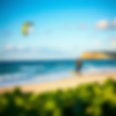 A scenic view of kiteboarding on a beautiful beach, promoting sustainable practices.