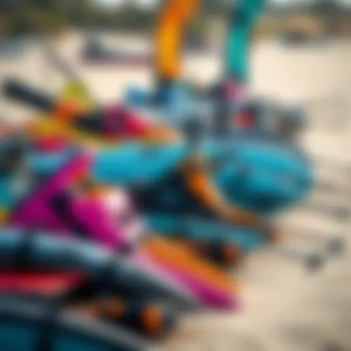 Diverse Selection of Used Kitesurf Equipment A vibrant assortment of used kitesurf equipment laid out on a beach