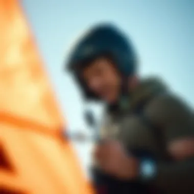 Assessing Quality of Second-Hand Kites Close-up of a skilled kitesurfer evaluating the condition of a used kite
