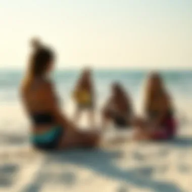 Kitesurfing Community Sharing Insights A serene beach scene with a kitesurfing community sharing experiences and gear tips