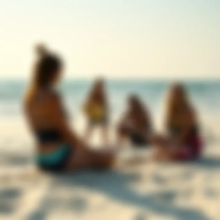 Kitesurfing Community Sharing Insights A serene beach scene with a kitesurfing community sharing experiences and gear tips