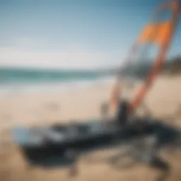 Used kiteboarding gear displayed on a beach