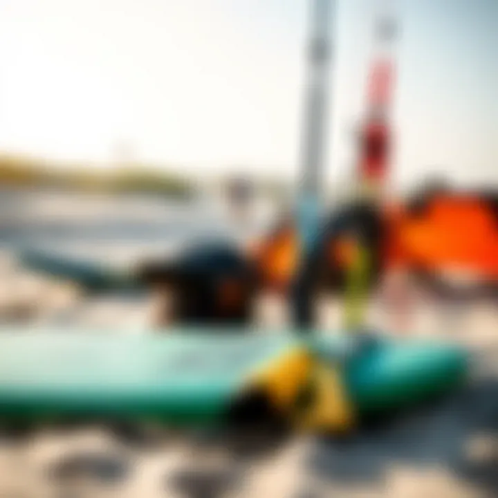 Kitesurfing Gear Ready for Adventure Kitesurfing gear setup on a sandy beach ready for action