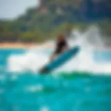 Foil Board in Action Dynamic foil board in action during kiteboarding behind a boat.