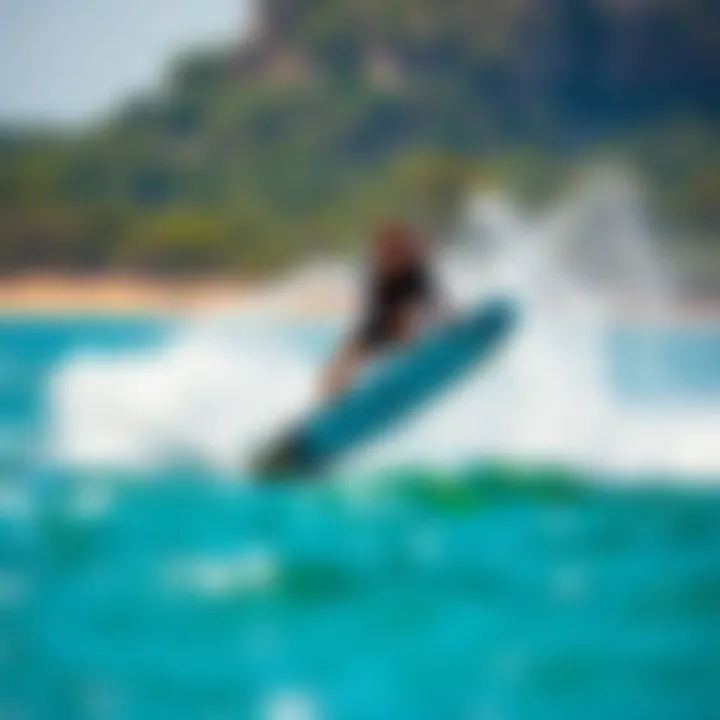 Foil Board in Action Dynamic foil board in action during kiteboarding behind a boat.