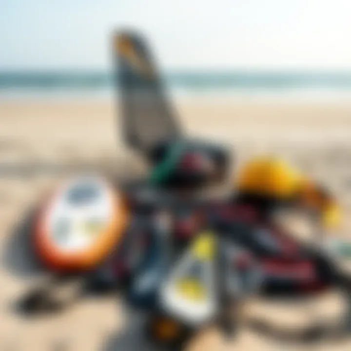 Essential Gear for Foil Kitesurfing Adventures An array of advanced foil kitesurfing equipment laid out on the beach