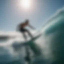 A stunning view of a surfer gliding above the water on a foil board