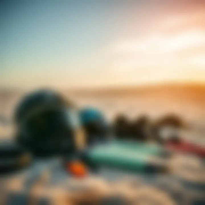 A collection of kiteboarding gear for both styles laid out on a beach