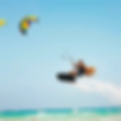 Dynamic Kiteboarding Action Dynamic kiteboarding action with vibrant kites against a clear sky