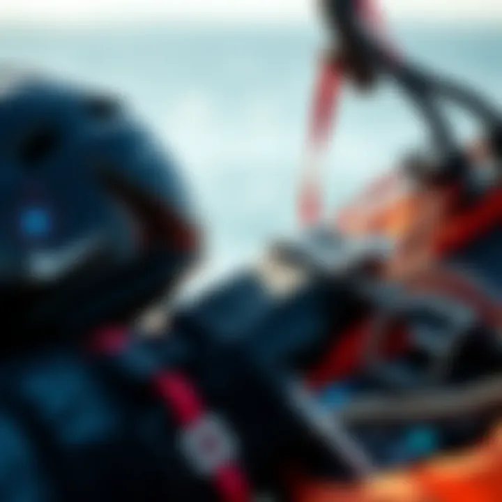 Close-up of specialized kiteboarding gear and equipment