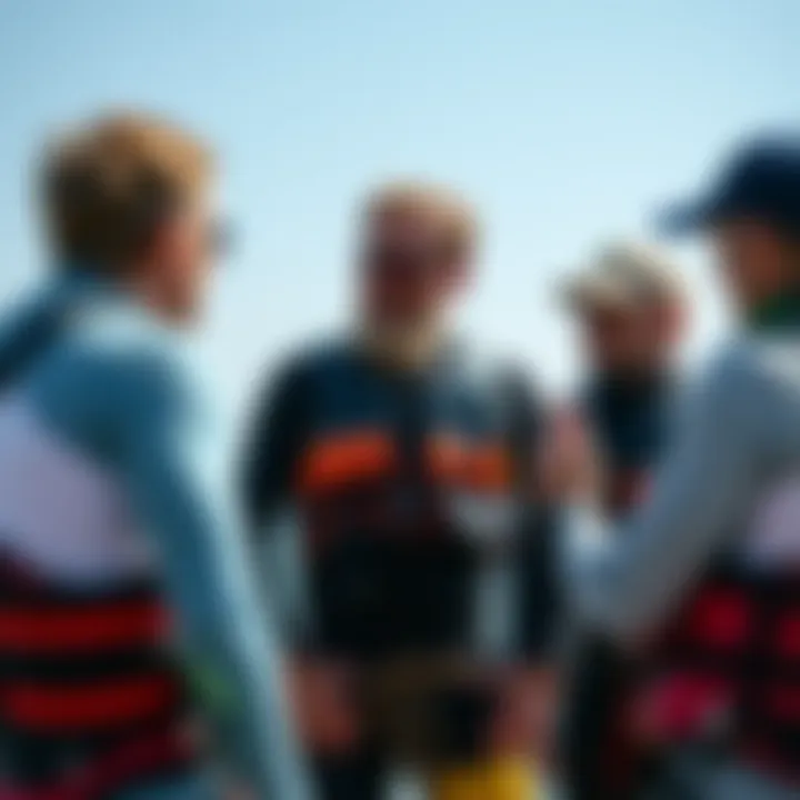 Safety and Maintenance Discussion Among Kiteboarders A group of kiteboarders discussing safety tips and vest maintenance.
