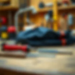 Kite bladder inspection tools laid out on a workbench
