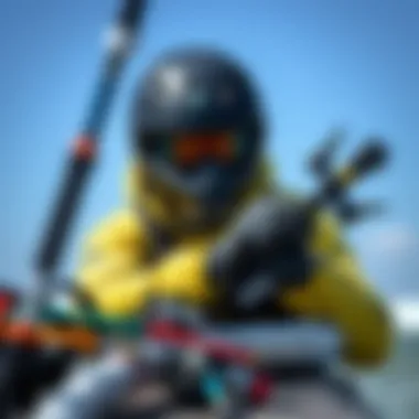 A kiteboarder assessing equipment damage after an accident