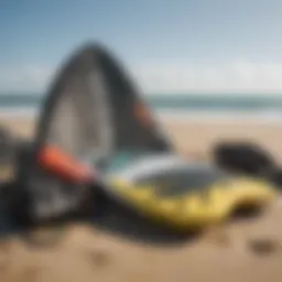 Kite surf gear laid out on the beach, showcasing essential equipment for beginners.