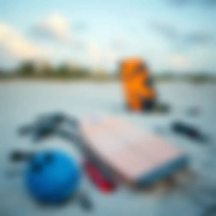 Kite surfing equipment laid out on the beach