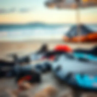 Essential Kiteboarding Equipment Analysis Kite surfing gear laid out on the beach
