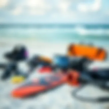 Kite Surfing Gear Essentials Equipment essentials for kite surfing laid out on the beach