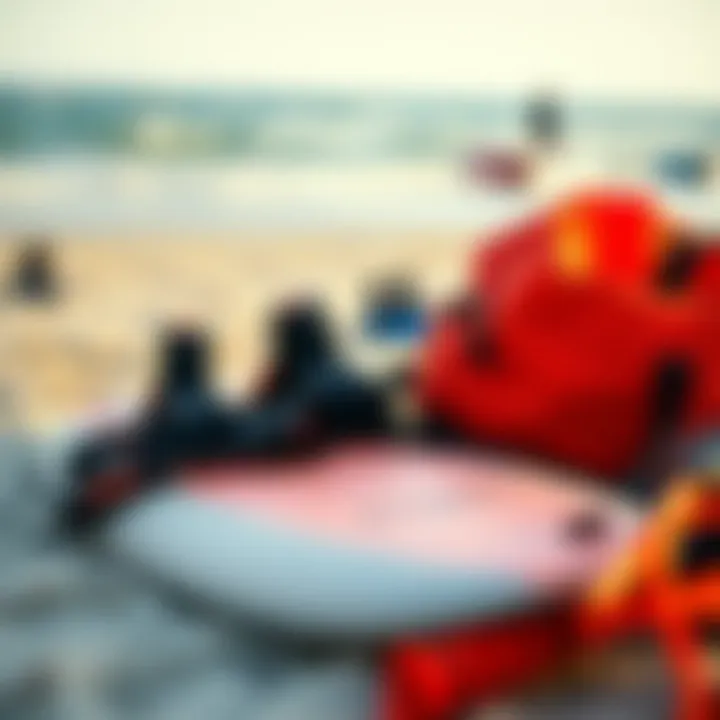 Close-up of high-quality kite surfing gear laid out on the beach