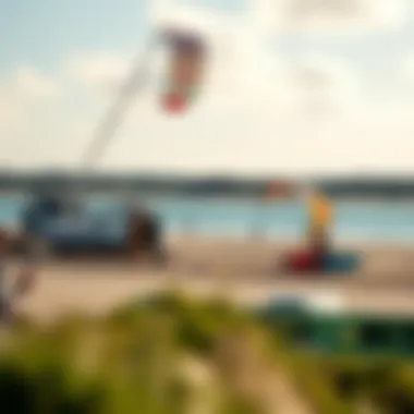 A panoramic view of kite surfers enjoying the beachside atmosphere