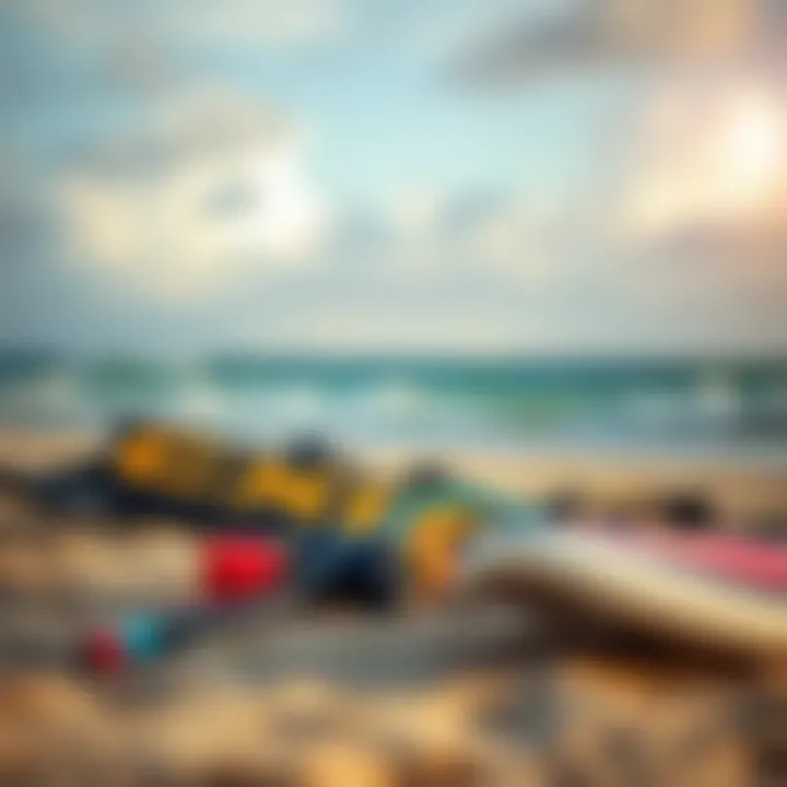 A scenic view of kite surfing equipment laid out on the beach