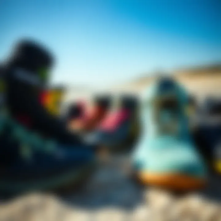 Assortment of Kite Surfing Footwear An assortment of different kite surfing footwear showcasing various styles and features.