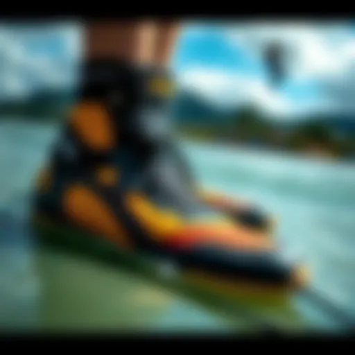 A pair of specialized kite surfing shoes designed for optimal grip and performance on the board.