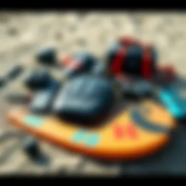 Essential kite surfing equipment laid out neatly