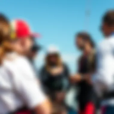 A vibrant kiteboarding community gathering, sharing tips and experiences.