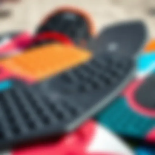 Diverse Kiteboard Foot Pad Designs Close-up view of various kiteboard foot pads showcasing different designs and textures