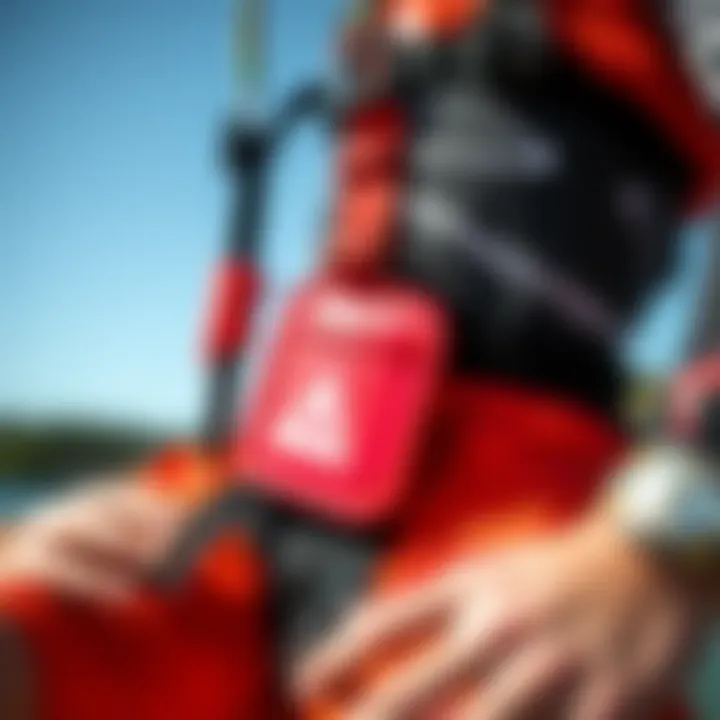 Safety features of a kiteboard harness being demonstrated in a practical scenario.