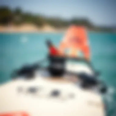 Kiteboarding Gear A close-up view of kiteboarding equipment showcasing the board and harness