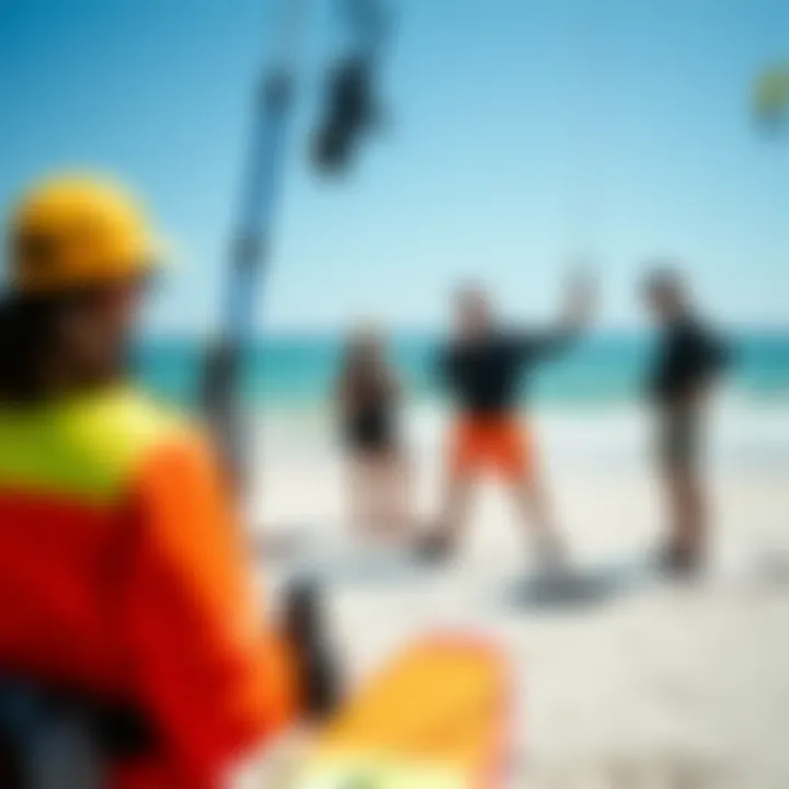 Instructional Setting A well-organized kiteboarding school with instructors demonstrating techniques