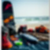 Essential kiteboarding gear laid out for beginners