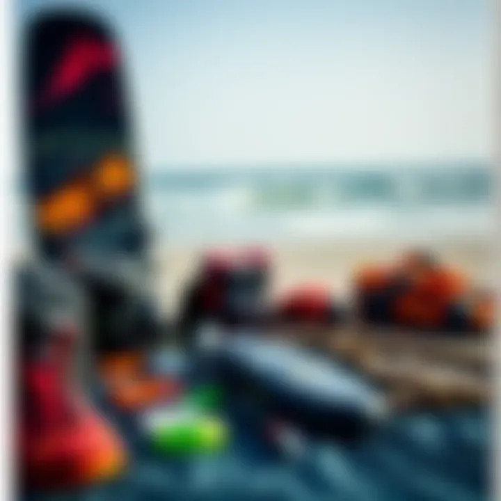 Essential kiteboarding gear laid out for beginners