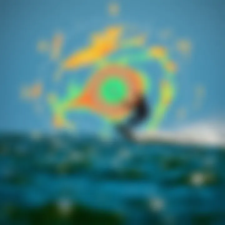 Kiteboarding in Harmony with Weather Insights A kiteboarder in action, soaring over the water with a backdrop of weather radar graphics.