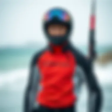 Drysuit Comfort and Functionality A kiteboarder dressed in a drysuit, showcasing comfort and functionality in chilly conditions.