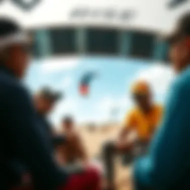 Group of kiteboarding enthusiasts discussing the Rise kite and its community impact