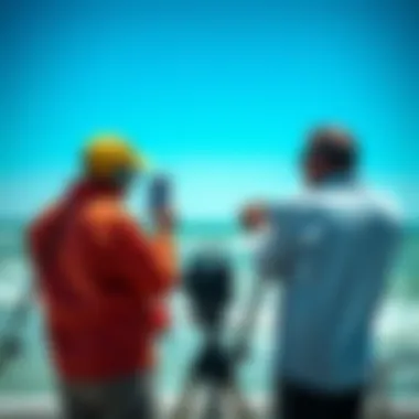 Kiteboarding enthusiasts checking radar data