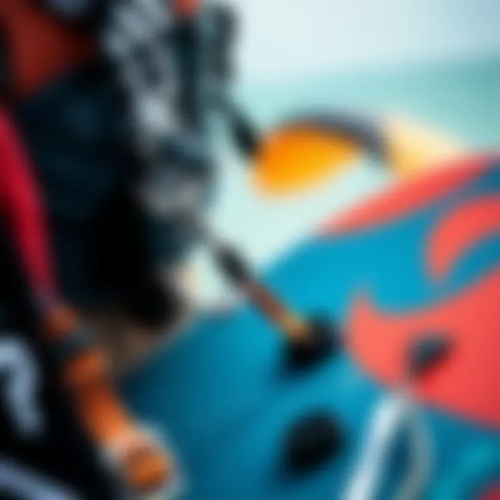 Detailed view of kiteboarding gear compatibility including harness and board