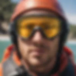 A close-up view of high-performance kiteboarding glasses designed for optimal visibility.